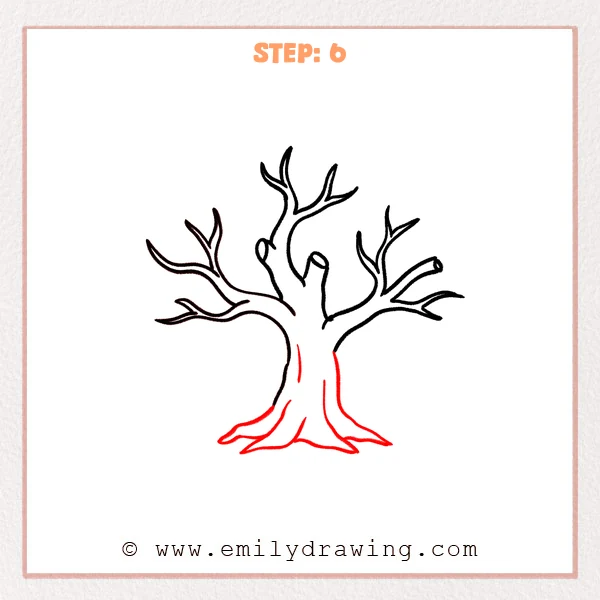 how to draw a dead tree - A dead tree drawing with a widened root base and a few curved bark lines added down the trunk.